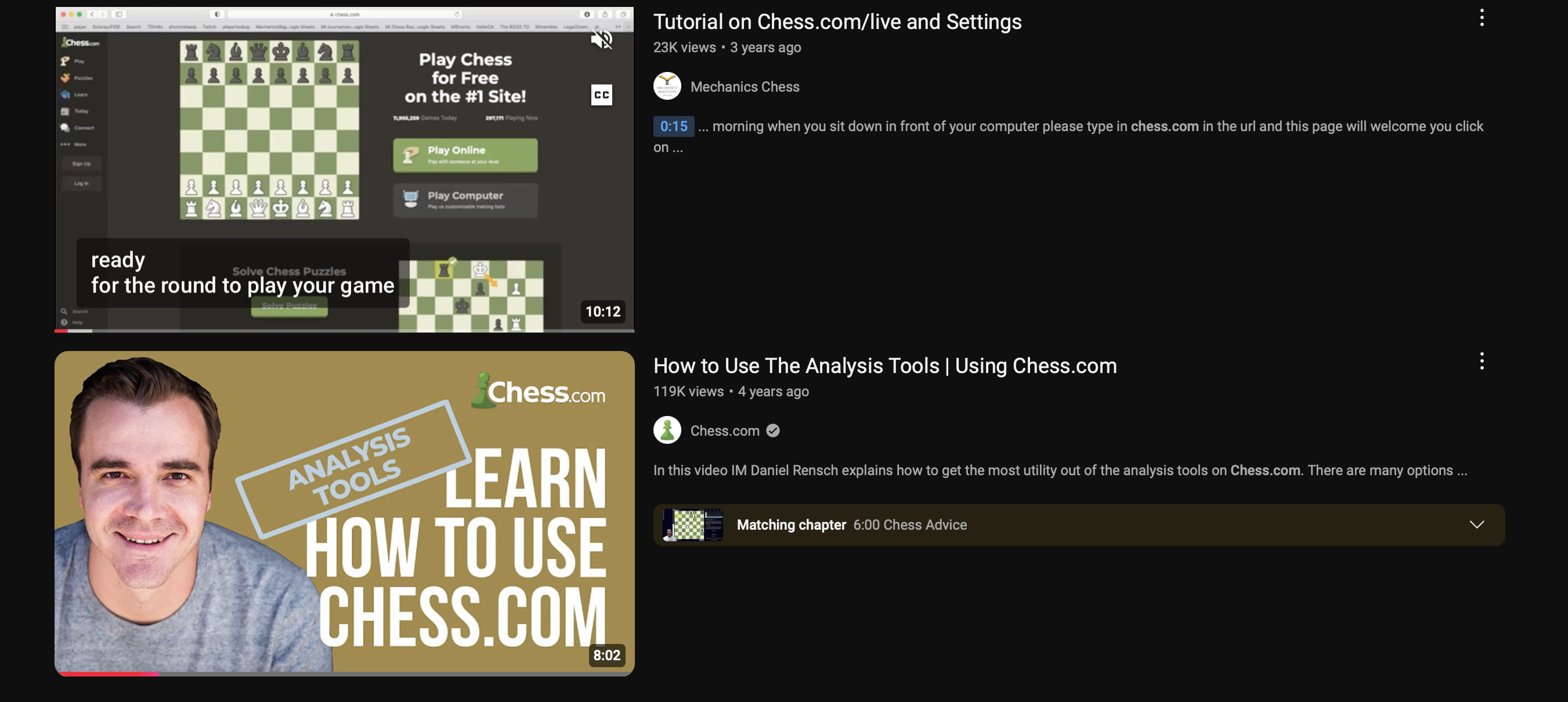 YouTube platform walkthrough video of Chess.com